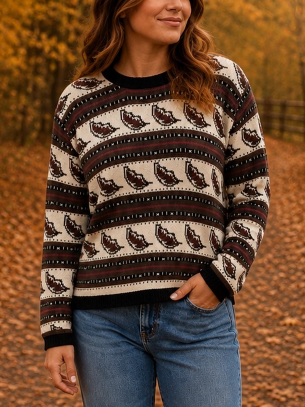 Ashley Hill Vintage 80s 90s Leaf Print Fall Autumn Sweater Sz L